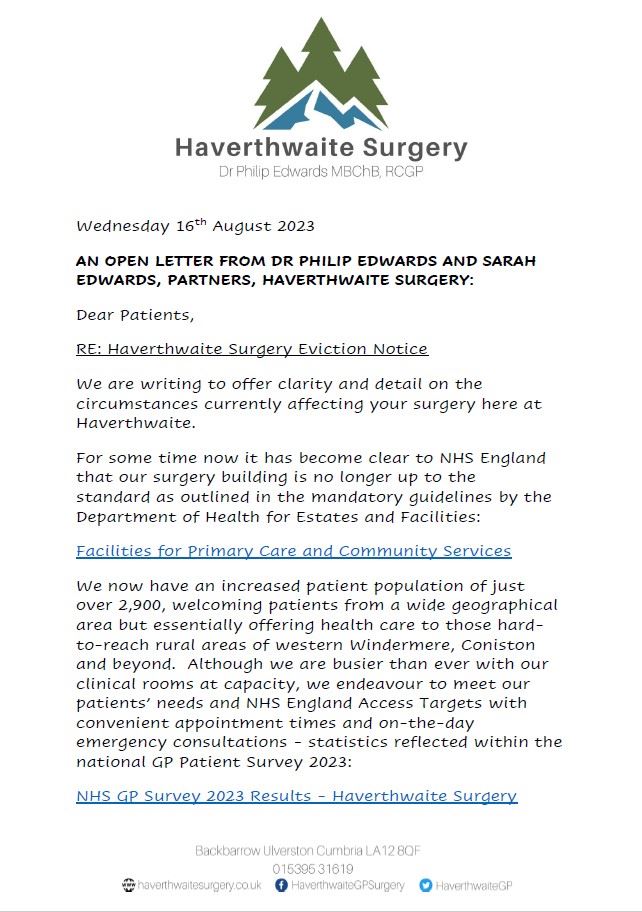 Patient Letter Re Haverthwaite Surgery Eviction Notice 16 August 2023