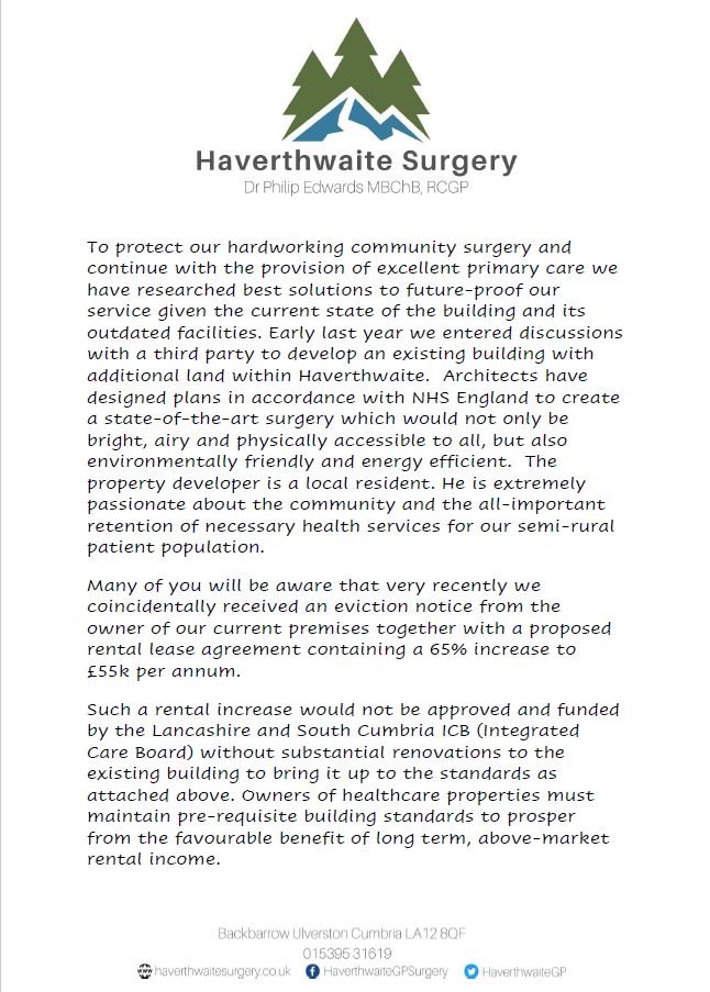 Patient Letter Re Haverthwaite Surgery Eviction Notice 16 August 2023