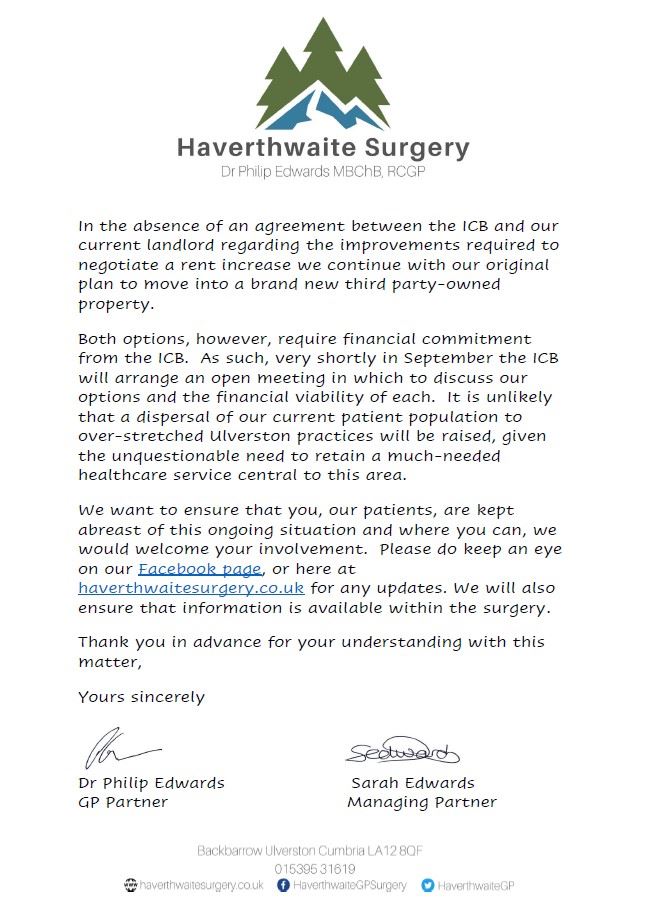 Patient Letter Re Haverthwaite Surgery Eviction Notice 16 August 2023